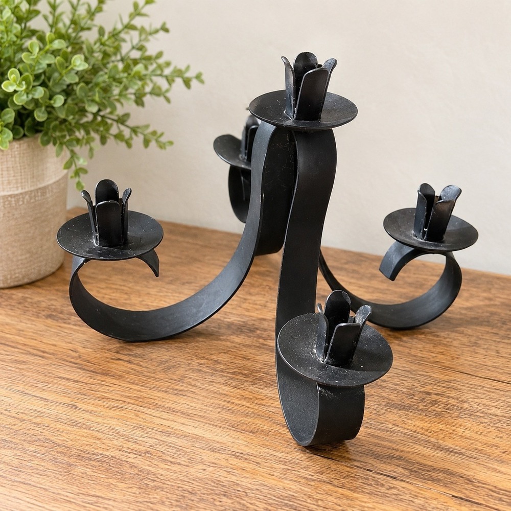 VTG Black Iron 5 Arms Handcrafted Home Decorative Pillar Candleabra 11" X 7"